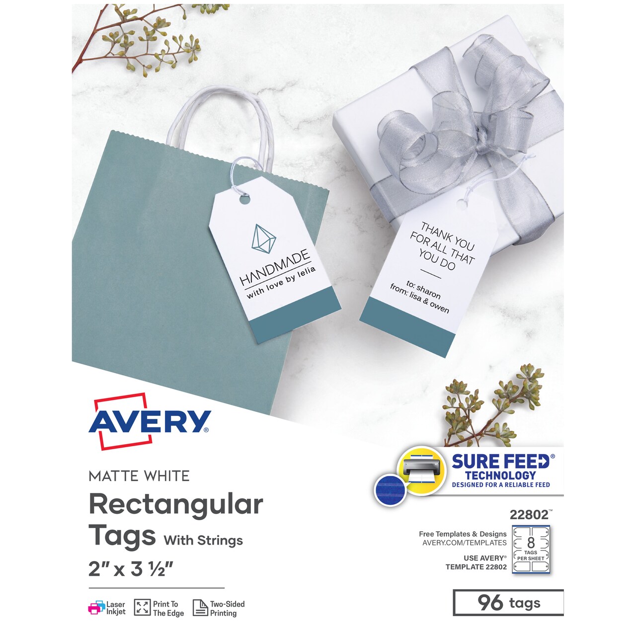 Avery Blank Printable Tags with Sure Feed, 2" x 3.5", White, 96 Customizable Tags with String, Great for Branding, Gift Tags, Price Tags, and More (22802)